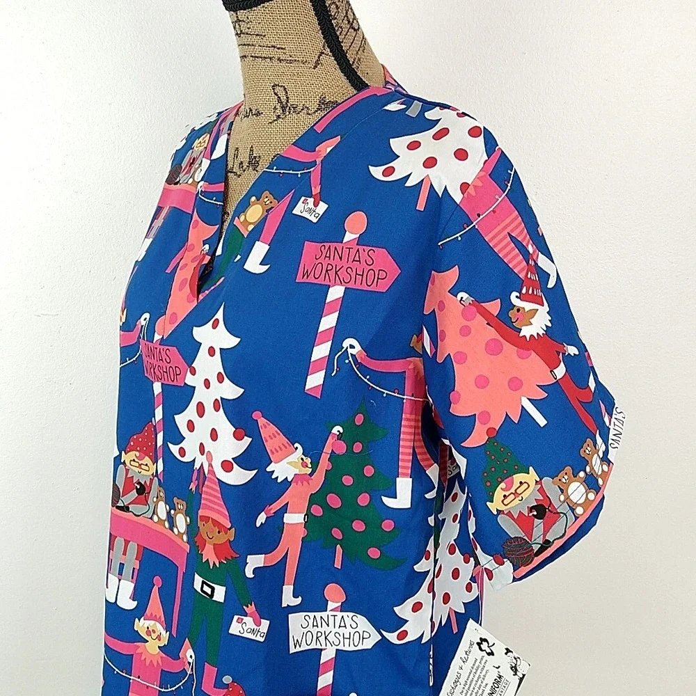 UA Scrubs Scrub Top Womens S Blue Santas Workshop Elves Christmas Holiday NEW